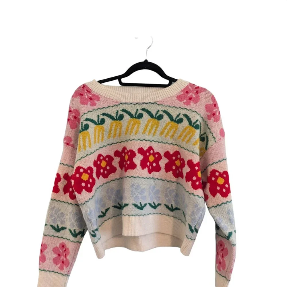 Dreamers by Debut Cropped Style Multi Colour Patterned Sweater - Picture 13 of 13